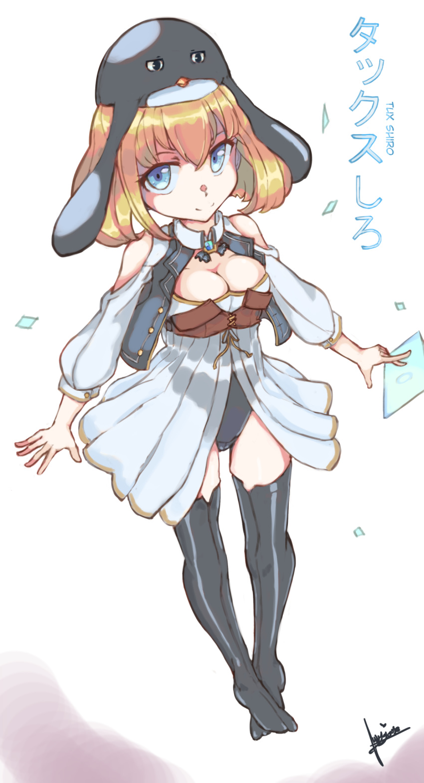 1girl blonde_hair blue_eyes breasts cleavage commentary full_body gussygoose hat highres kneehighs linux looking_at_viewer medium_breasts medium_hair penguin_hat personification signature simple_background smile solo tux white_background