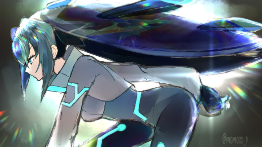 1girl aqua_eyes artist_name bent_over black_hair from_side glowing gundam gundam_build_divers gundam_build_divers_re:rise long_hair looking_down may_(gundam_build_divers_re:rise) momoza_r solo