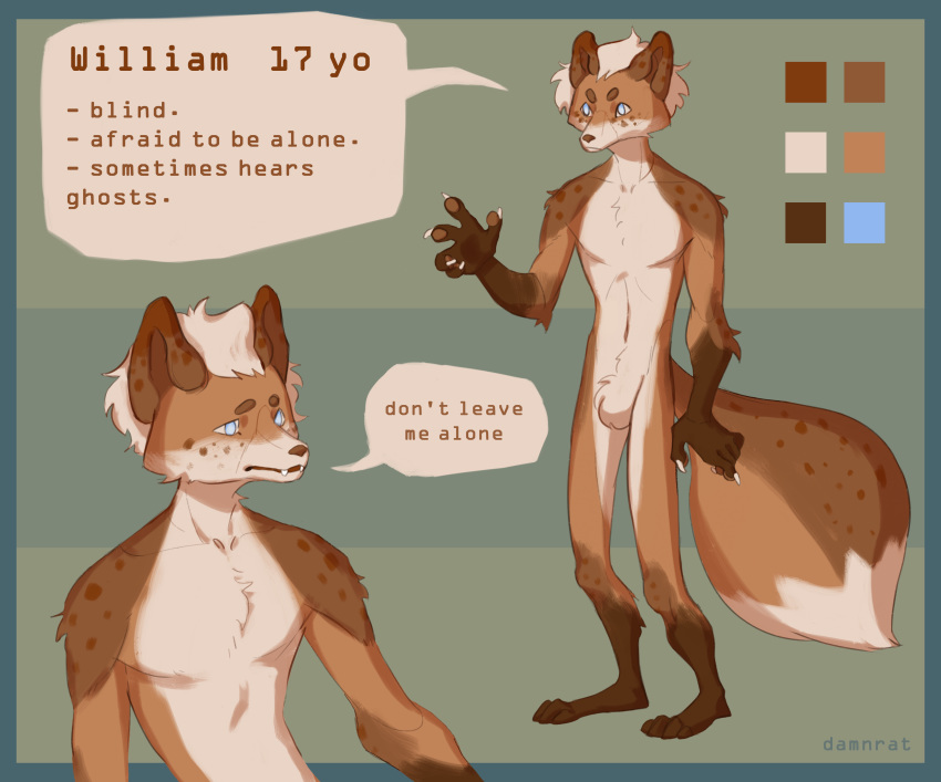 2020 4_toes 5_fingers absurd_res anthro blind blind_eye blue_eyes brown_body brown_fur canid canine damnrat dialogue english_text fingers fox fur hair hi_res male mammal model_sheet orange_body orange_fur pawpads puffy_tail smaller_version_at_source solo speech_bubble standing text toes william_the_blind_fox