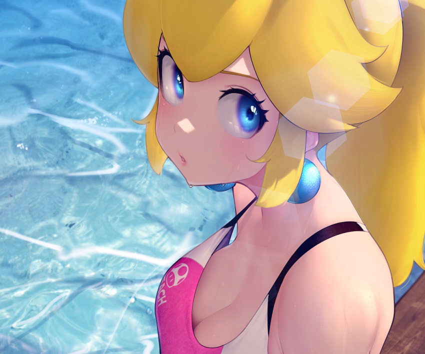 blonde_hair blue_eyes breasts cleavage close cropped kashu_(hizake) long_hair ponytail pool princess_peach super_mario_bros swimsuit water wet