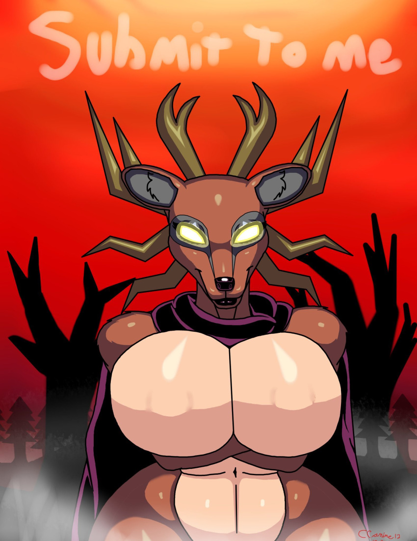 american_mythology anthro antlers big_breasts breasts cervid cloak clothing cobalt_canine crossed_arms curvy_figure female fog forest forest_background hi_res horn indigenous_north_american_mythology lipstick looking_at_viewer makeup mammal mostly_nude mythology navel no_pupils north_american_mythology red_sky sky smile solo specimen_8 spooky's_jump_scare_mansion tree voluptuous wendigo wide_hips