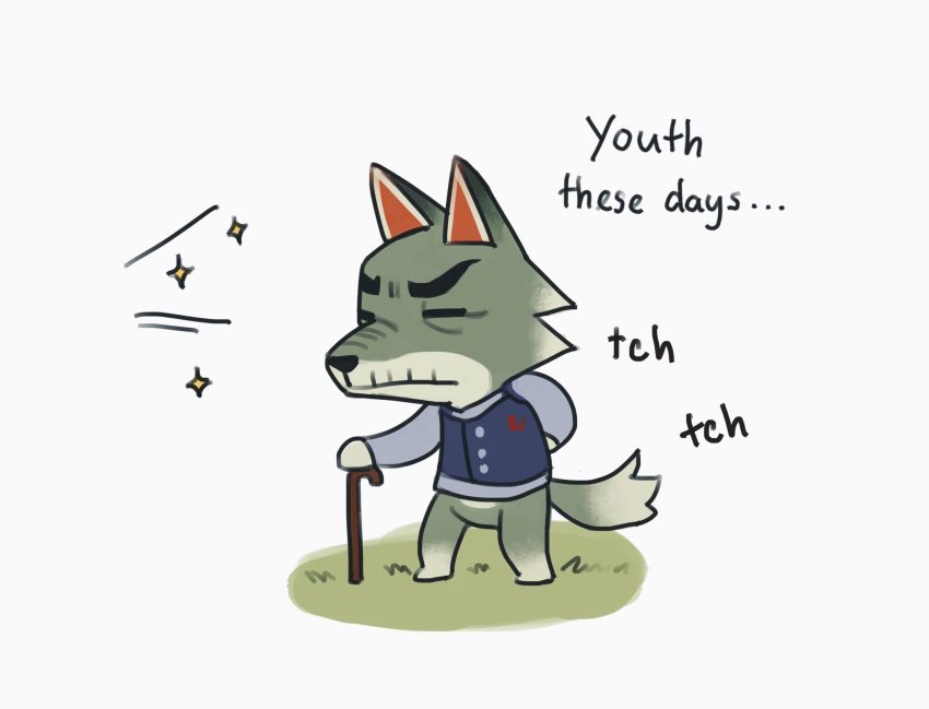 animal_crossing anthro bottomless canid canine canis clothed clothing dialogue dobie_(animal_crossing) english_text eyes_closed hand_behind_back hi_res jacket kurolee97 male mammal mature_male nintendo old simple_background solo text topwear video_games walking_stick white_background wolf wrinkles