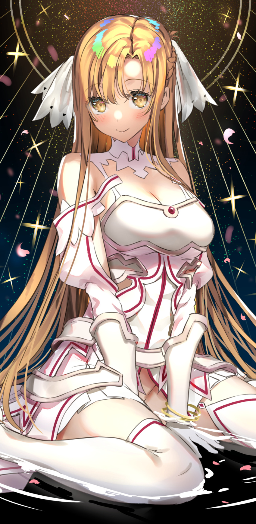 1girl asahina_hikage asuna_(sao) asuna_(stacia) breastplate breasts brown_eyes brown_hair cleavage commentary_request dress gloves halo highres long_hair looking_at_viewer medium_breasts pleated_dress sitting solo sword_art_online sword_art_online:_alicization sword_art_online:_alicization_-_war_of_underworld thighhighs very_long_hair wariza white_dress white_gloves white_legwear