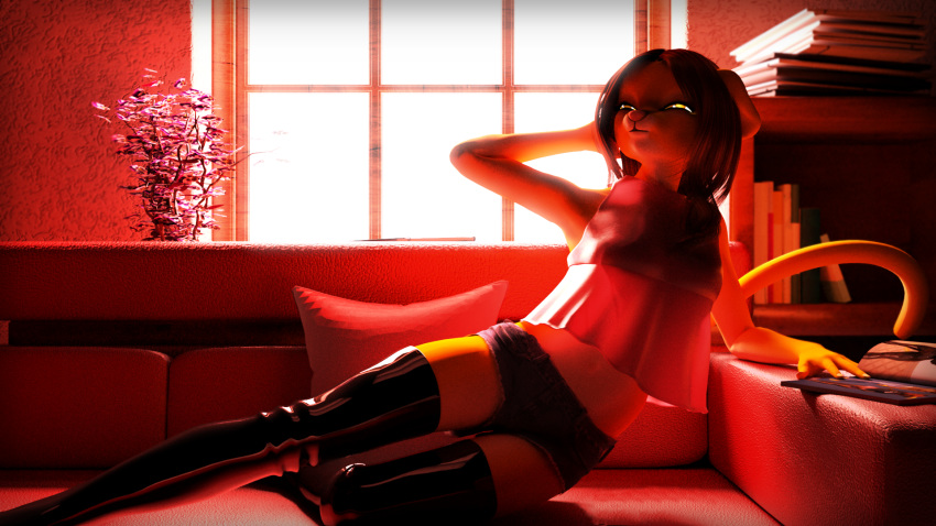 16:9 2020 3d_(artwork) anthro backlighting biped boots bottomwear clothed clothing cutoffs denim denim_clothing digital_media_(artwork) domestic_cat felid felin feline felis female footwear furniture hair hi_res kawaoneechan legwear letrune light lighting magazine mammal midriff reclining shorts sofa solo topwear widescreen