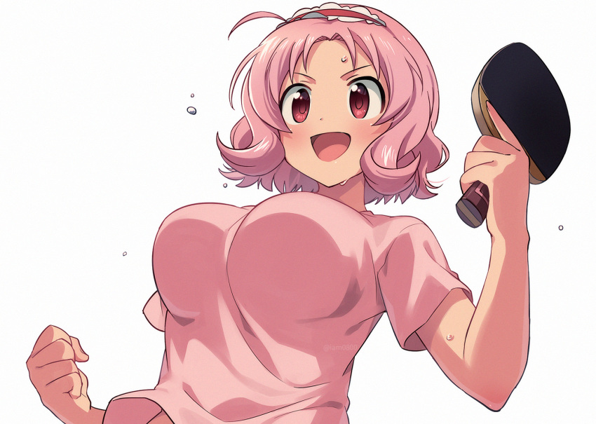 1girl :d ahoge bangs blush breasts clenched_hand commentary_request hairband holding holding_paddle huge_breasts oomune_mune open_mouth paddle pink_hair pink_shirt sayshownen shakunetsu_no_takkyuu_musume shirt short_hair short_sleeves simple_background smile solo sweat table_tennis_paddle upper_body wavy_hair white_background