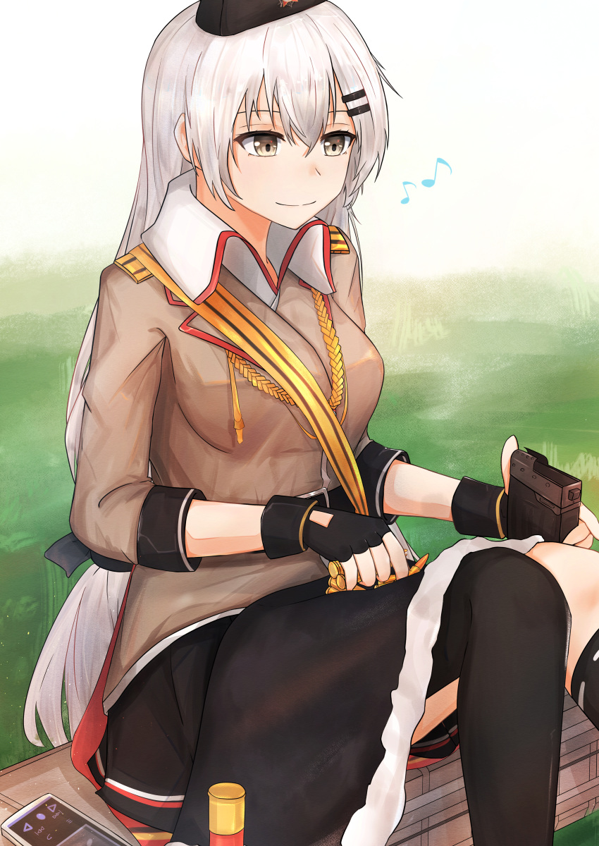 1girl absurdres black_gloves black_legwear black_skirt breasts brown_jacket cellphone closed_mouth eyebrows_visible_through_hair girls_frontline gloves grey_eyes grey_hair hat highres huge_filesize jacket long_hair looking_away medium_breasts military_hat musical_note muteppona_hito partly_fingerless_gloves phone red_star shirt silver_hair sitting skirt smartphone solo soviet svd_(girls_frontline) tape thighhighs uniform weapon_case white_shirt