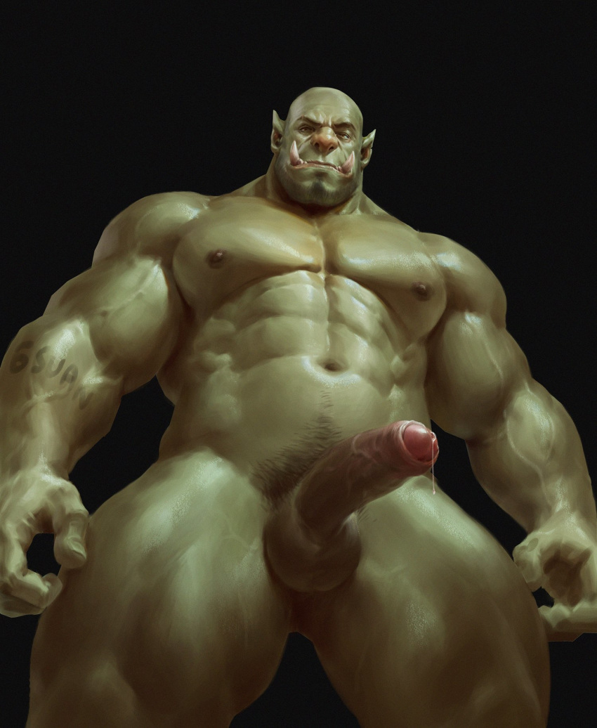 6suan abs bald balls black_background bodily_fluids dripping foreskin genital_fluids genitals green_body hi_res humanoid humanoid_genitalia humanoid_penis humanoid_pointy_ears low-angle_view male muscular muscular_humanoid muscular_male nipples not_furry nude orc orc_humanoid pecs penis precum precum_drip pubes simple_background solo tusks uncut vein
