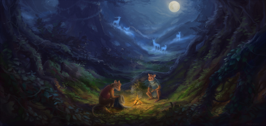 2020 akineza amazing_background anthro cervid clothed clothing detailed_background digital_media_(artwork) fire grass group male mammal moon mouse murid murine night outside rodent sky