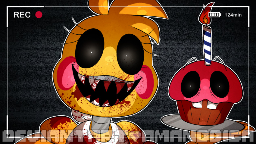 2020 amanddica animatronic anthro avian bib bird blood bodily_fluids buckteeth chicken cupcake_(fnaf) duo eyelashes feathers female fingers five_nights_at_freddy's five_nights_at_freddy's_2 galliform gallus_(genus) glowing glowing_eyes hair hi_res looking_at_viewer machine open_mouth open_smile phasianid pink_cheeks robot sharp_teeth signature smile teeth toy_chica_(fnaf) video_games yellow_body yellow_feathers
