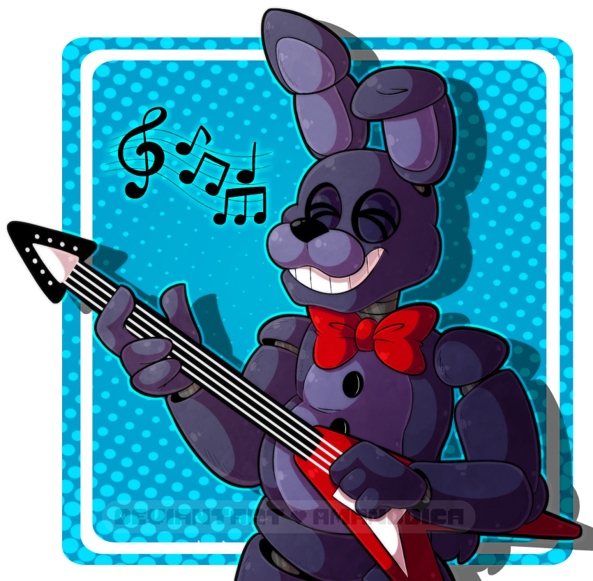 2019 absurd_res alpha_channel amanddica animatronic bonnie_(fnaf) fingers five_nights_at_freddy's guitar hi_res holding_object lagomorph leporid long_ears machine male mammal musical_instrument plucked_string_instrument purple_body purple_inner_ear rabbit ribbons robot smile standing string_instrument teeth video_games
