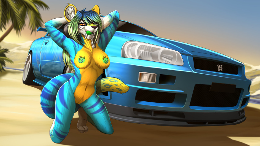 16:9 2020 anthro areola breasts day detailed_background digital_media_(artwork) eyebrows eyelashes felid female fur genitals kneeling mammal nipple_piercing nipple_ring nipples nissan_skyline nude outside pantherine piercing pussy sky smile striped_body striped_fur stripes tales_foxdale tiger widescreen yellow_body yellow_fur