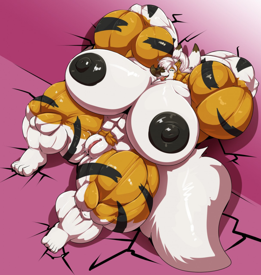 2020 5_toes anthro anthrofied big_breasts big_muscles black_nipples bobert bodily_fluids breasts dusk_lycanroc earpiece female floor_cracks genital_fluids genitals hi_res huge_breasts huge_muscles hyper hyper_breasts hyper_muscles looking_at_viewer lycanroc lying muscular muscular_anthro muscular_female nintendo nipples nude open_mouth plantigrade plump_labia pok&eacute;mon pok&eacute;mon_(species) pussy pussy_juice saliva solo toes tongue tongue_out video_games