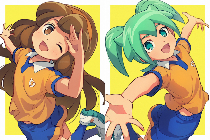 1boy 1girl :d ;d arm_up bangs blue_legwear blue_shorts blush border brown_hair commentary_request fei_rune green_eyes green_hair hairband happy highres inazuma_eleven_(series) inazuma_eleven_go inazuma_eleven_go_chrono_stone long_hair looking_at_viewer nanobana_kinako one_eye_closed open_mouth orange_hairband orange_shirt outside_border outstretched_arms raimon raimon_soccer_uniform salute sayshownen shirt shoes short_hair short_sleeves shorts smile soccer_uniform socks sportswear two_side_up white_border white_footwear yellow_background