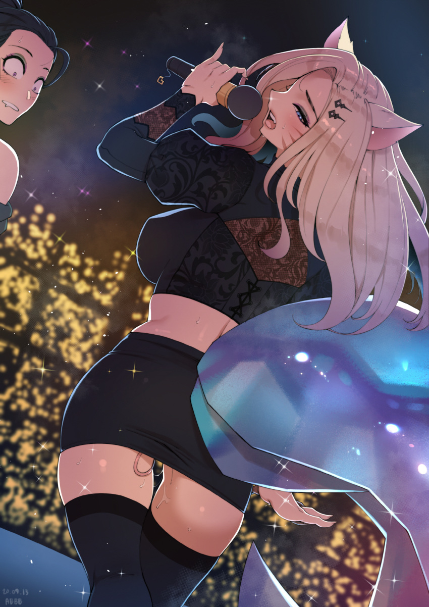 2girls ah-lyong_lee ahri animal_ears back bare_shoulders black_legwear black_skirt blonde_hair blue_hair blush crowd dated drooling eyeshadow facial_mark fang fingernails fox_ears fox_girl green_eyeshadow heart highres holding holding_microphone kai'sa kitsune league_of_legends long_fingernails long_hair looking_at_another makeup microphone multiple_girls music open_mouth puffy_sleeves purple_eyes pussy_juice saliva see-through sex_toy signature singing skirt sparkle sweat tail teeth the_baddest_ahri the_baddest_kai'sa tongue upper_teeth vibrator voyeurism whisker_markings wide-eyed