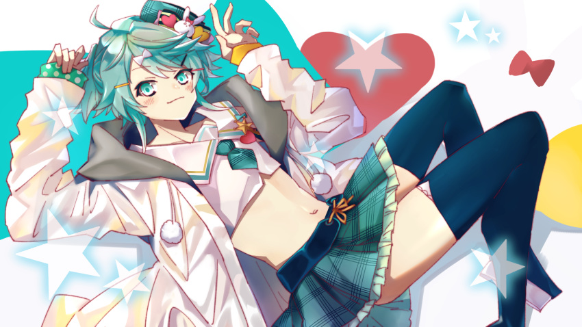 1boy ahoge arms_up blush boots closed_mouth commentary_request eyebrows_visible_through_hair green_eyes green_hair hair_ornament hairclip hat hat_pin heart highres holostars jacket kagami_kira light_smile long_sleeves looking_at_viewer male_focus midriff navel otoko_no_ko pom_pom_(clothes) silou_b skirt solo thigh_boots thighhighs virtual_youtuber