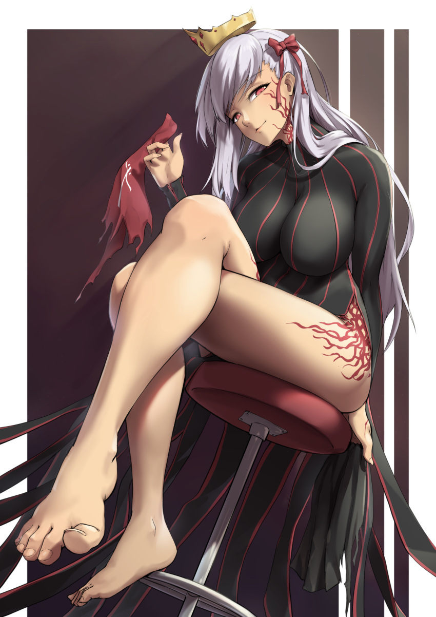 1girl bangs bar_stool barefoot body_markings breasts commission corruption crown dark_persona dark_sakura dress dress_of_heaven fate/stay_night fate_(series) feet full_body hair_ribbon head_tilt heaven's_feel highres large_breasts legs long_hair long_sleeves looking_at_viewer matou_sakura packge red_eyes red_ribbon ribbon seductive_smile smile solo stool striped turtleneck_dress vertical-striped_dress vertical_stripes white_hair