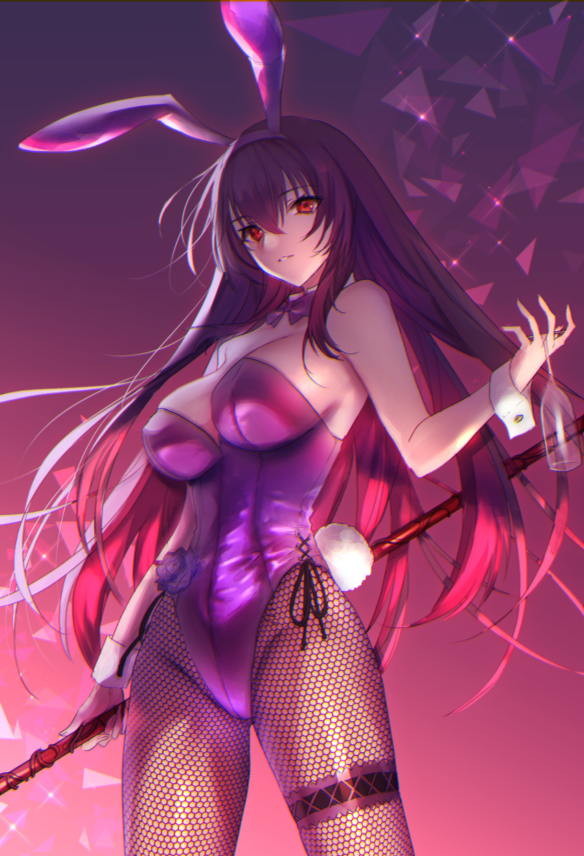 1girl absurdres akebono_kt animal_ears bangs bare_shoulders blush breasts bunny_ears bunny_tail cleavage cup detached_collar drinking_glass fake_animal_ears fate/grand_order fate_(series) fishnet_legwear fishnets gae_bolg gradient gradient_background hair_between_eyes highleg highleg_leotard highres large_breasts leotard long_hair looking_at_viewer pantyhose parted_lips piercing_bunny playboy_bunny polearm purple_hair purple_leotard red_eyes scathach_(fate)_(all) scathach_(fate/grand_order) spear tail thighs weapon wrist_cuffs