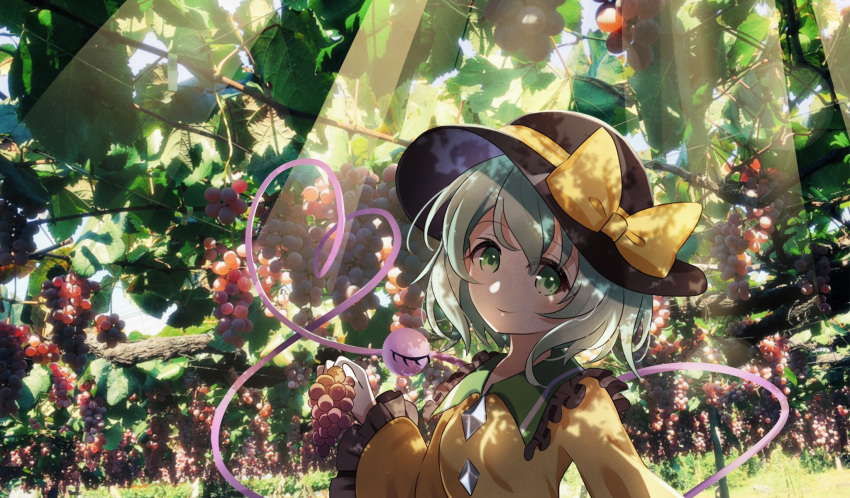 1girl ametama_(runarunaruta5656) bangs black_headwear bow buttons closed_mouth collared_shirt commentary dappled_sunlight day eyeball food frilled_shirt_collar frilled_sleeves frills fruit grapes green_eyes green_hair hand_up hat hat_bow heart heart_of_string highres holding holding_food holding_fruit komeiji_koishi light_rays long_sleeves one_eye_closed orchard outdoors photo_background shirt short_hair sidelocks smile solo sunlight symbol_commentary third_eye touhou upper_body wide_sleeves yellow_bow yellow_shirt