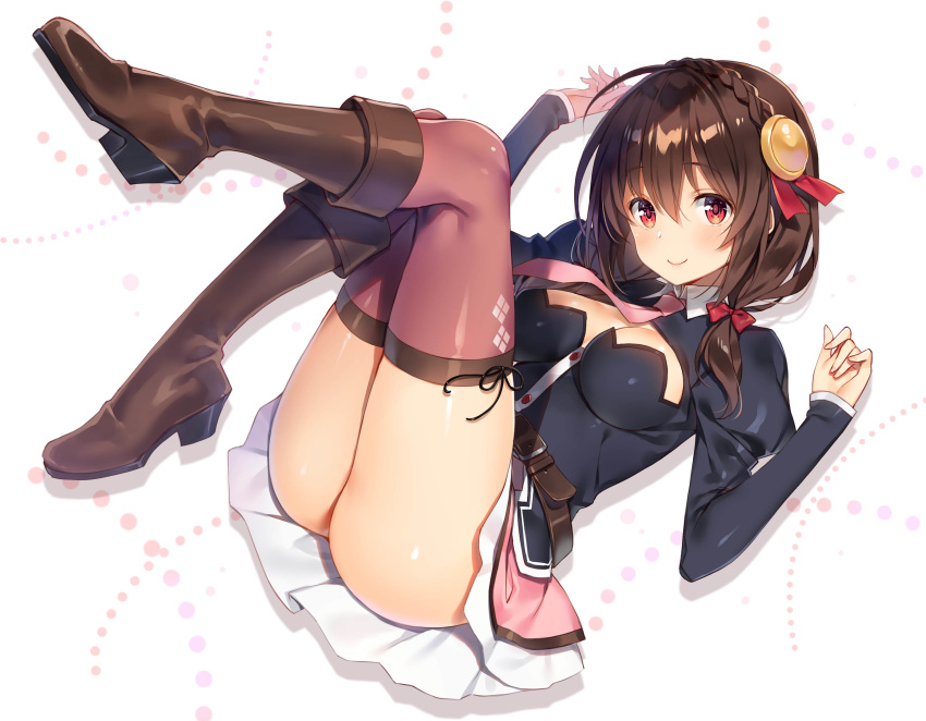 1girl absurdres ass bangs belt black_hair blush boots bow bowtie braid breasts brown_footwear buttons cleavage closed_mouth clothing_cutout commentary_request eyebrows_visible_through_hair full_body hair_bow hair_ornament highres knee_boots kono_subarashii_sekai_ni_shukufuku_wo! large_breasts long_hair long_sleeves looking_at_viewer medium_breasts miniskirt necktie official_art open_mouth pink_neckwear puffy_sleeves red_bow red_eyes ribbon second-party_source shiny shiny_clothes shiny_hair shiny_skin simple_background skirt smile thighhighs thighs tied_hair yunyun_(konosuba) yuuki_hagure