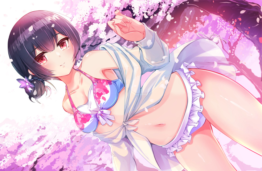 1girl armpits bangs bikini black_hair breasts character_request cherry_blossoms cherry_tree cleavage closed_mouth collarbone commentary_request day dutch_angle flower frilled_bikini frills hair_flower hair_ornament highres idolmaster idolmaster_cinderella_girls idolmaster_shiny_colors jacket natsu_(anta_tte_hitoha) navel outdoors petal_print petals print_bikini red_eyes see-through see-through_sleeves small_breasts smile solo standing swimsuit tied_jacket tree white_bikini white_jacket