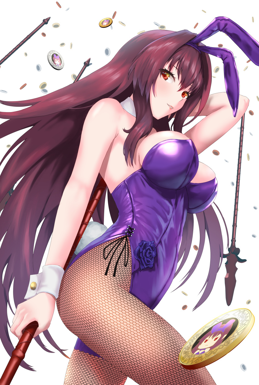 1girl absurdres animal_ears bangs bare_shoulders blush breasts bunny_ears cleavage coin detached_collar fake_animal_ears fate/grand_order fate_(series) fishnet_legwear fishnets gae_bolg hair_between_eyes highleg highleg_leotard highres large_breasts leotard long_hair looking_at_viewer pantyhose piercing_bunny playboy_bunny polearm purple_hair purple_leotard red_eyes scathach_(fate)_(all) scathach_(fate/grand_order) smile spear tachibana_yuu_(shika) thighs weapon wrist_cuffs