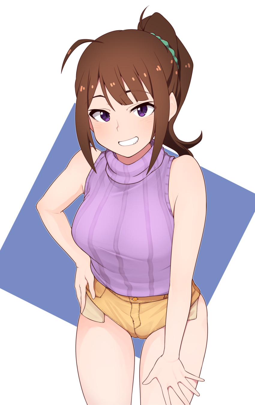 1girl ahoge bangs bare_arms bare_shoulders blue_background blunt_bangs breasts brown_hair buttons commentary_request cowboy_shot denim denim_shorts eyebrows_visible_through_hair green_scrunchie grin hair_ornament hair_scrunchie hand_on_hip hand_on_own_thigh highres idolmaster idolmaster_million_live! leaning_forward light_blush looking_at_viewer medium_breasts medium_hair minakami ponytail purple_eyes purple_sweater rectangle ribbed_sweater scrunchie short_shorts shorts sidelocks sleeveless_sweater smile solo standing sweater turtleneck turtleneck_sweater two-tone_background white_background yellow_shorts yokoyama_nao