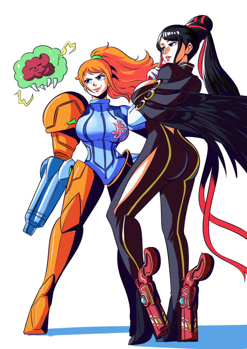 2girls absurdres ankle_gun arm_cannon ass bayonetta bayonetta_(character) bayonetta_(character)_(cosplay) beehive_hairdo black_hair blue_bodysuit blue_eyes bodysuit breasts buckle cleavage_cutout clothing_cutout contrapposto cosplay electricity gun hand_on_hip highres large_breasts long_hair metroid metroid_(creature) multiple_girls nami_(one_piece) nico_robin one_piece orange_eyes orange_hair parted_lips ponytail red_ribbon ribbon samus_aran samus_aran_(cosplay) sideboob smile tina_fate varia_suit weapon white_background zeus_(one_piece)