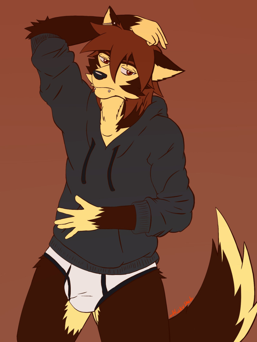 3:4 anthro black_clothing black_hoodie black_topwear briefs bulge canid canine canis clothing domestic_dog drawyourfursona hi_res hoodie husky huskyshado male mammal meme meme_clothing nordic_sled_dog solo spitz standing topwear underwear white_clothing white_underwear