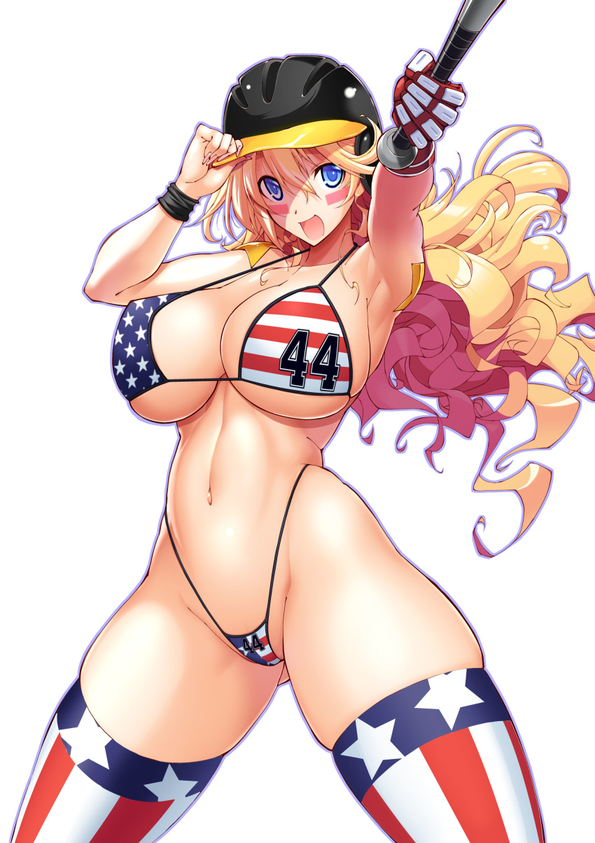 1girl :d absurdres american_flag_bikini american_flag_legwear armpits ass_visible_through_thighs baseball_bat baseball_helmet bikini blonde_hair blue_eyes breasts commentary_request cowboy_shot eye_black facial_mark flag_print flipped_hair foreshortening gloves hair_between_eyes helmet highleg highleg_bikini highres holding holding_baseball_bat huge_breasts legs_apart long_hair looking_at_viewer messy_hair navel open_mouth outstretched_arm rakko_(r2) sandy_bash simple_background single_glove skindentation smile solo standing suketto_sanjou! swimsuit tareme thighhighs white_background wristband