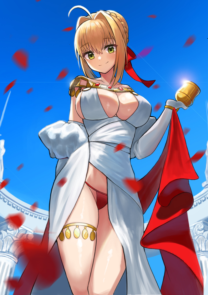 1girl absurdres ahoge bangs bare_shoulders blonde_hair blue_sky blush braid breasts chalice cleavage closed_mouth dress fate/extra fate/grand_order fate_(series) french_braid green_eyes hair_bun hair_intakes hair_ribbon heroic_spirit_formal_dress highres jewelry large_breasts long_hair long_sleeves looking_at_viewer necklace nero_claudius_(fate) nero_claudius_(fate)_(all) onedoo panties petals red_panties red_ribbon ribbon sash sky smile thighlet thighs underwear white_dress