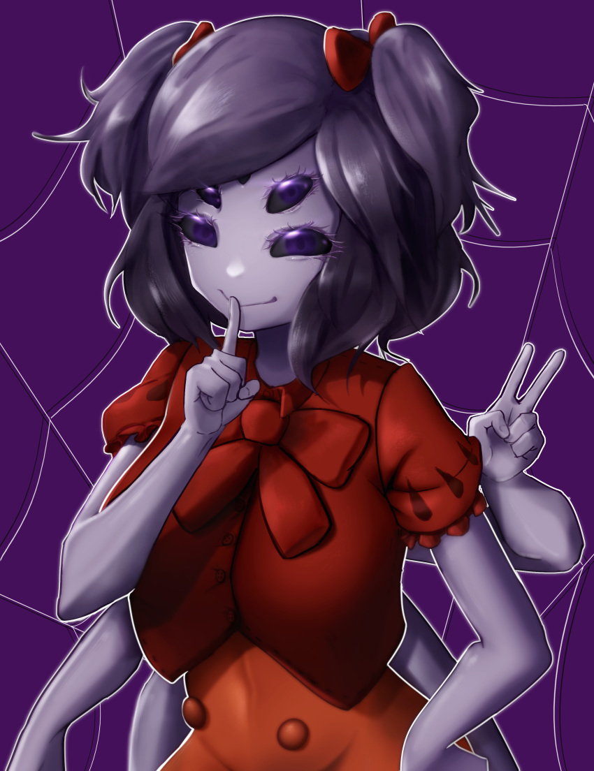 1girl absurdres black_hair black_sclera bow dress extra_arms extra_eyes finger_to_mouth grey_skin hair_bow hand_up highres index_finger_raised insect_girl kim_milk looking_at_viewer monster_girl muffet purple_background purple_eyes red_bow red_dress short_hair silk simple_background smile solo spider_girl spider_web two_side_up undertale upper_body v