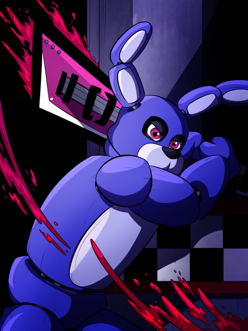 2020 3:4 angry animatronic anthro attack black_nose blood bodily_fluids bonnie_(fnaf) duo five_nights_at_freddy's guitar hannahroseartist hi_res lagomorph leporid long_ears looking_at_viewer machine male mammal musical_instrument plucked_string_instrument purple_body purple_eyes purple_inner_ear rabbit robot string_instrument unseen_character video_games