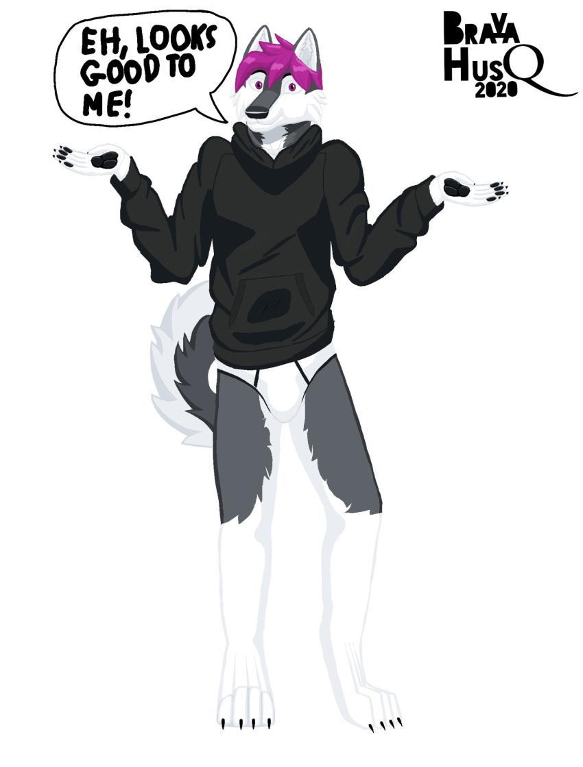 anthro black_clothing black_hoodie black_topwear bravahusq briefs bulge canid canine canis clothing domestic_dog drawyourfursona hi_res hoodie husky male mammal meme meme_clothing nordic_sled_dog solo spitz standing topwear underwear white_clothing white_underwear