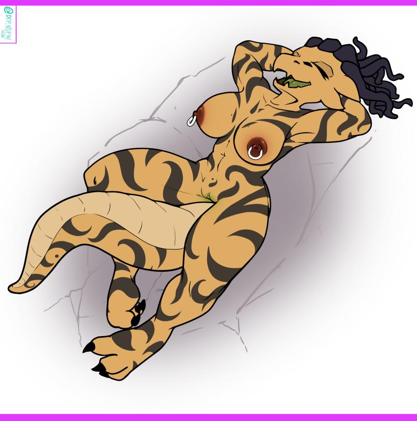 absurd_res anthro big_breasts breasts dep dragon dragonborn dreadlocks female genitals hair hi_res kobold letterbox lying nipples nude open_mouth piercing pussy scalie simple_background smile solo t'ava_(dashoon) tail_between_legs tattoo