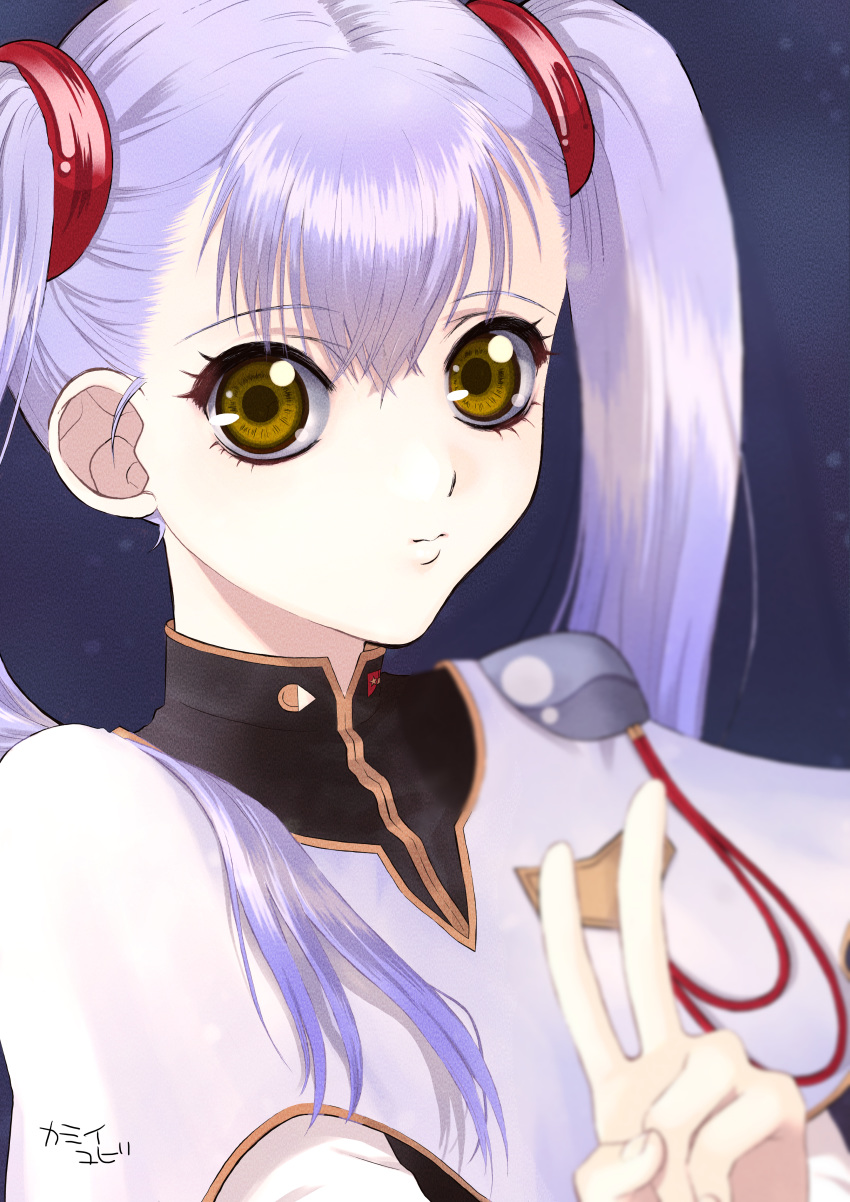 1girl absurdres artist_name close-up highres hoshino_ruri huge_filesize kidou_senkan_nadesico kidou_senkan_nadesico_-_prince_of_darkness long_hair looking_at_viewer solo space twintails uniform v white_hair yellow_eyes yubi_kamii