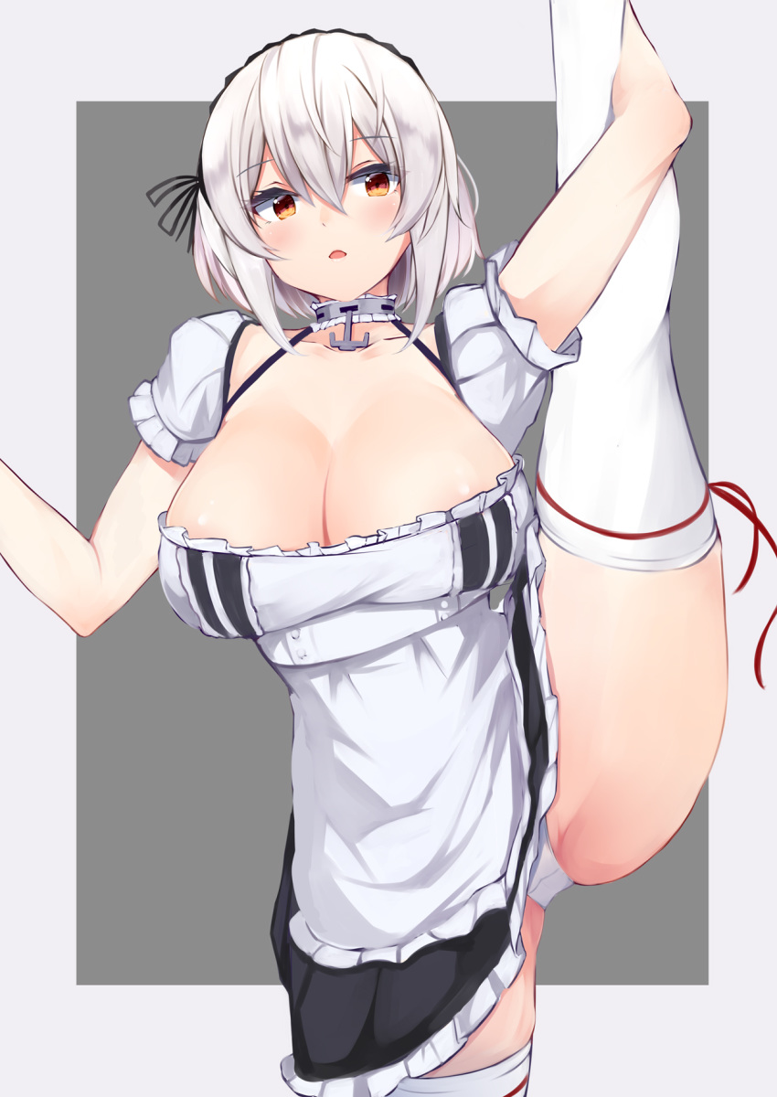 1girl anchor_choker apron areola_slip areolae azur_lane bangs black_dress blush breasts cleavage collarbone cowboy_shot dress eyebrows_visible_through_hair frilled_apron frills grey_background groin_tendon hair_between_eyes highres irohasu lace-trimmed_hairband lace_trim large_breasts panties puffy_short_sleeves puffy_sleeves ribbon-trimmed_legwear ribbon_trim short_hair short_sleeves sirius_(azur_lane) solo split standing standing_on_one_leg standing_split thighs underwear waist_apron white_apron white_dress white_hair white_panties