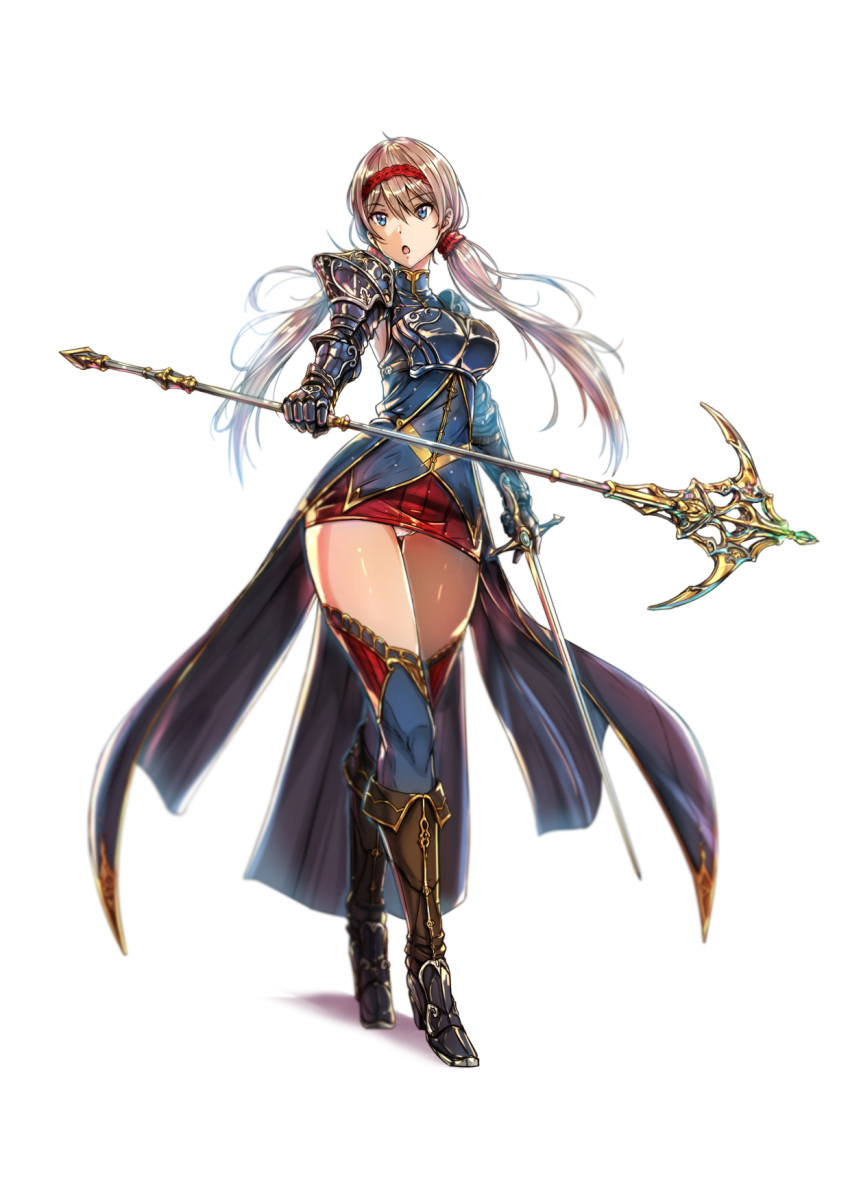 1girl armor bangs blue_eyes breastplate brown_hair eyebrows_visible_through_hair facing_viewer fantasy full_body gauntlets hair_between_eyes hairband highres holding holding_staff holding_sword holding_weapon kazeno long_hair miniskirt original panties pantyshot shoulder_armor skirt solo staff sword thighhighs thighhighs_under_boots twintails underwear weapon white_background white_panties