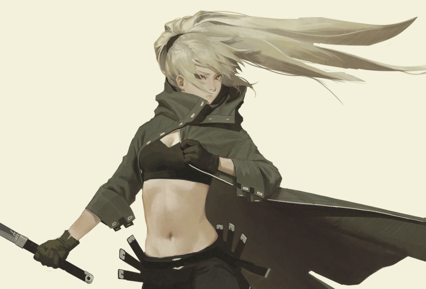 1girl black_bra black_gloves black_pants bra bright_pupils closed_mouth coat cowboy_shot floating_hair gloves gogalking green_coat grey_background highres holding holding_sword holding_weapon long_hair long_sleeves looking_at_viewer muted_color navel open_clothes open_coat original pants ponytail red_eyes shadow_fang_(gogalking) simple_background solo sword underwear weapon white_hair white_pupils