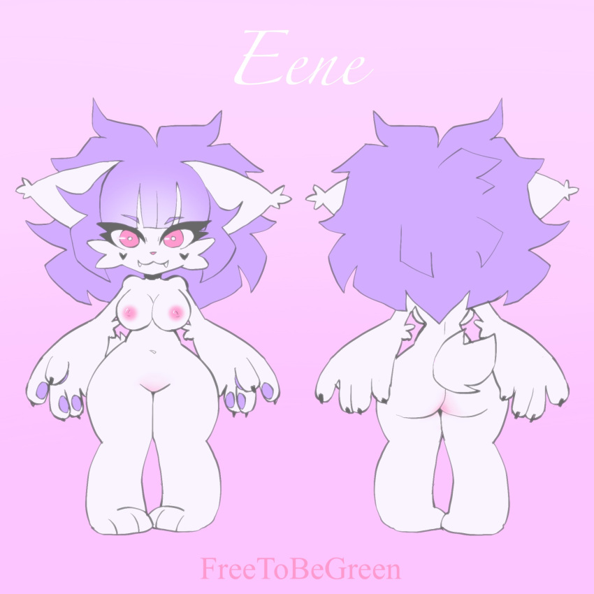&lt;3 &lt;3_marking 1:1 5_fingers anthro areola arm_tuft barefoot big_breasts big_butt big_hair big_hands biped black_markings breasts butt cheek_tuft claws digital_media_(artwork) eene elbow_tufts english_text eyebrows eyelashes facial_markings facial_tuft fangs featureless_crotch felid feline female fingers freetobegreene front_view fur hair head_markings hi_res lynx mammal markings model_sheet navel nipples nude paws pink_areola pink_background pink_eyes pink_hair pink_nipples pink_nose pupils purple_claws purple_hair short_tail signature simple_background small_tail solo teeth text thick_thighs tuft white_body white_fur wide_hips
