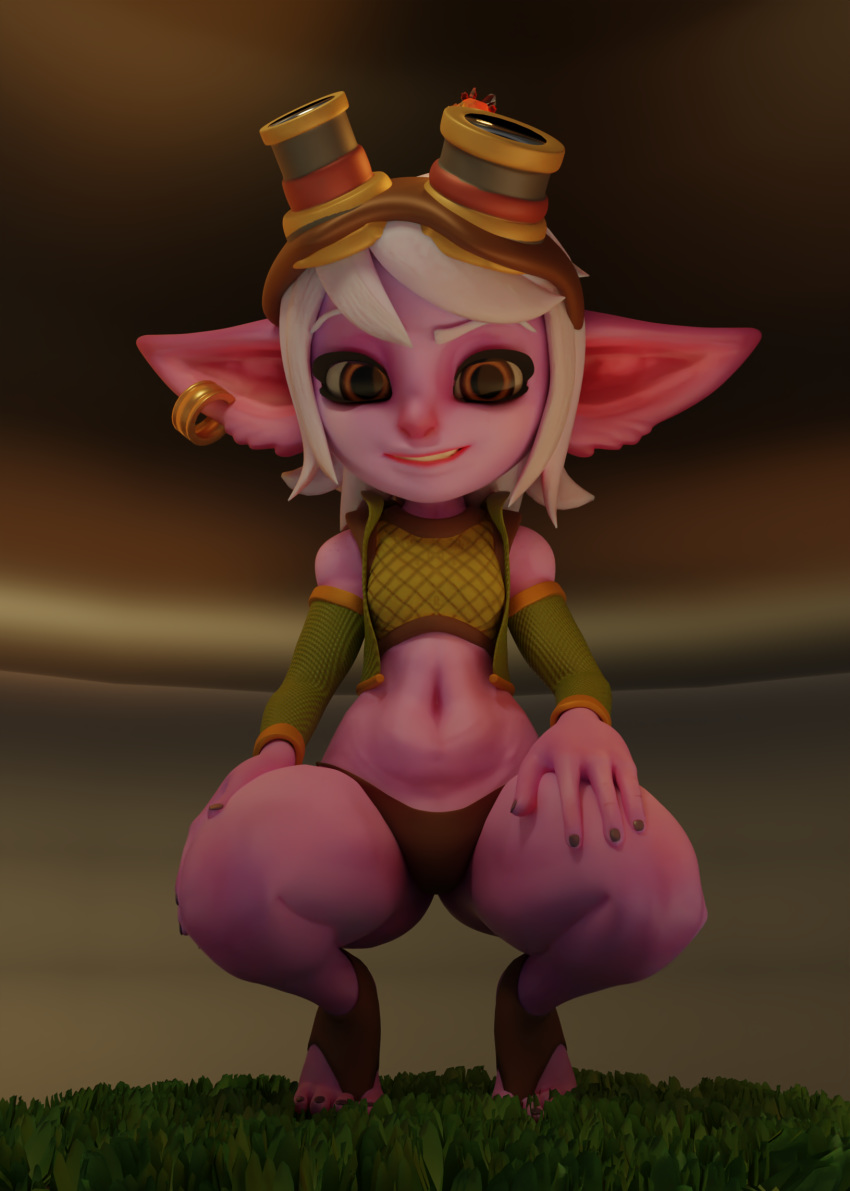 3d_(artwork) breasts crouching digital_media_(artwork) female hair hi_res humanoid league_of_legends purple_body purple_skin riot_games short_stack small_breasts solo thick_thighs tradelt tristana_(lol) video_games white_hair yordle