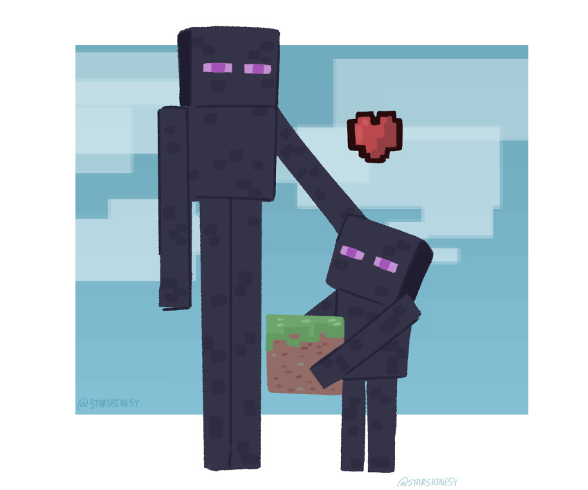 &lt;3 2020 ambiguous_gender black_body black_skin block blue_background carrying carrying_object cloud dirt duo enderman grass hi_res humanoid looking_up minecraft nintendo not_furry nude patting patting_head pupils purple_eyes simple_background size_difference sky smol square_pupils standing starshinesy super_smash_bros. super_smash_bros._ultimate video_games white_background young