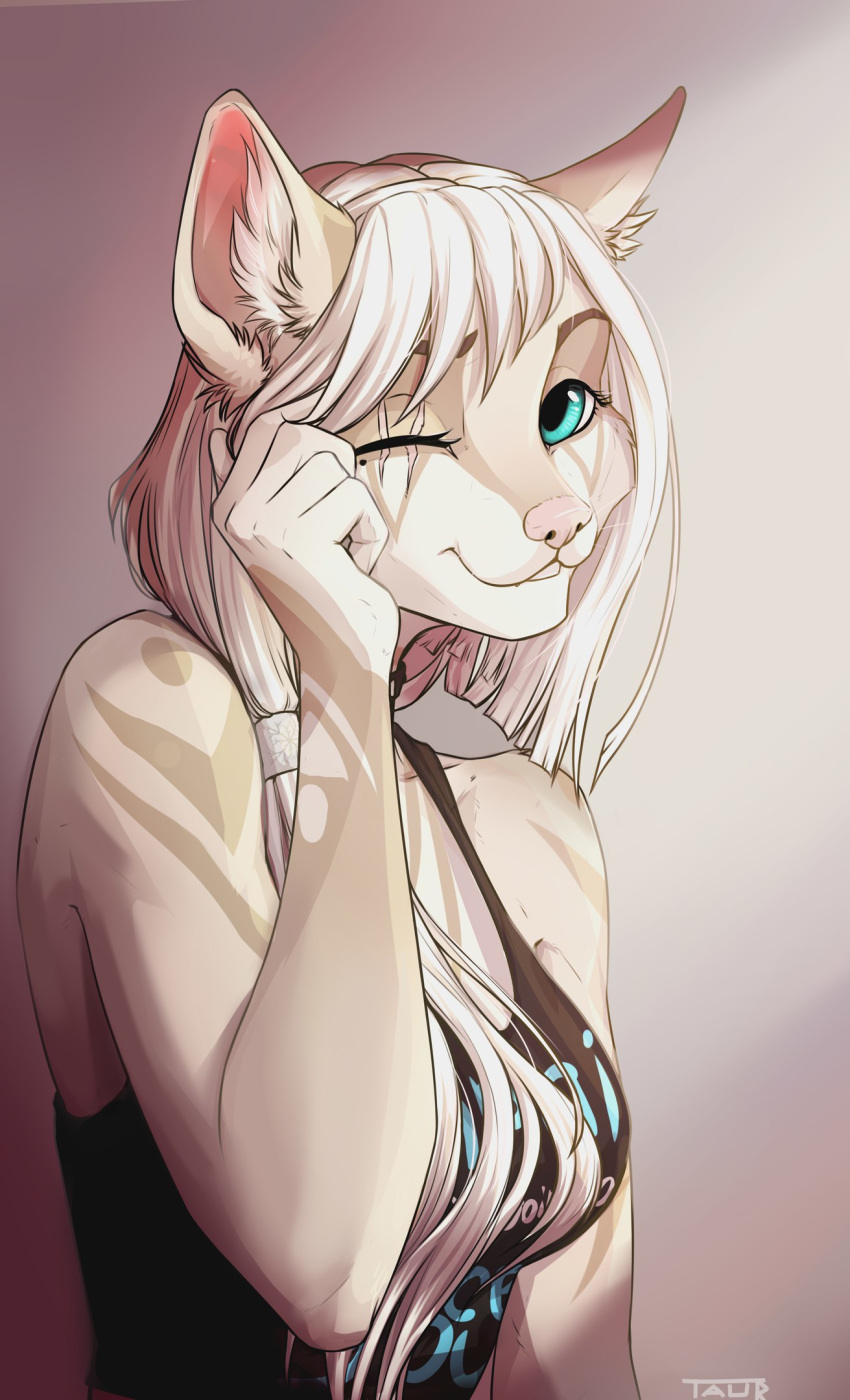 5_fingers anthro breasts clothed clothing digital_media_(artwork) domestic_cat felid feline felis female fingers hair hi_res looking_at_viewer mammal pink_nose scar shirt smile solo taurusart text text_on_clothing text_on_shirt text_on_topwear topwear white_hair