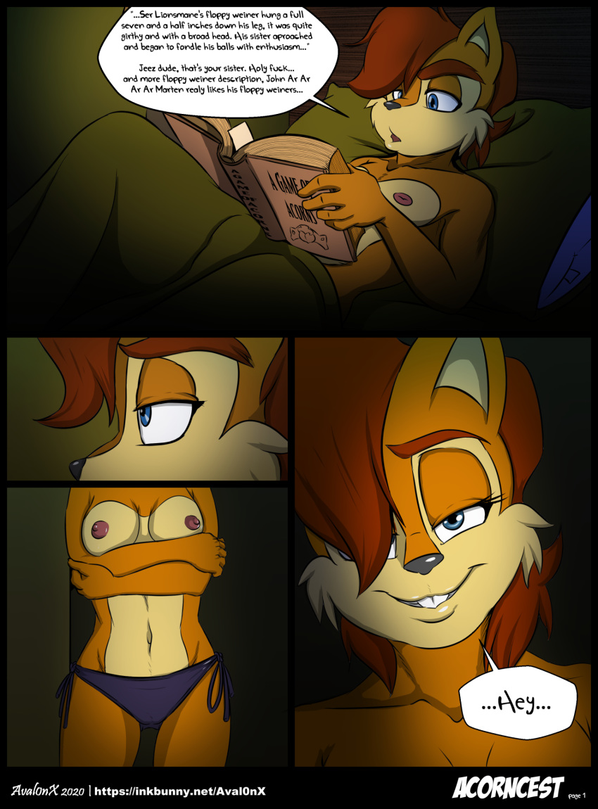 anthro archie_comics aval0nx bed bedroom book breasts brother brother_and_sister chipmunk clothed clothing comic dialogue duo elias_acorn english_text female furniture ground_squirrel hi_res incest_(lore) male mammal profanity reading rodent sally_acorn sciurid sibling sister smile smirk sonic_the_hedgehog_(archie) sonic_the_hedgehog_(comics) sonic_the_hedgehog_(series) text topless underwear url