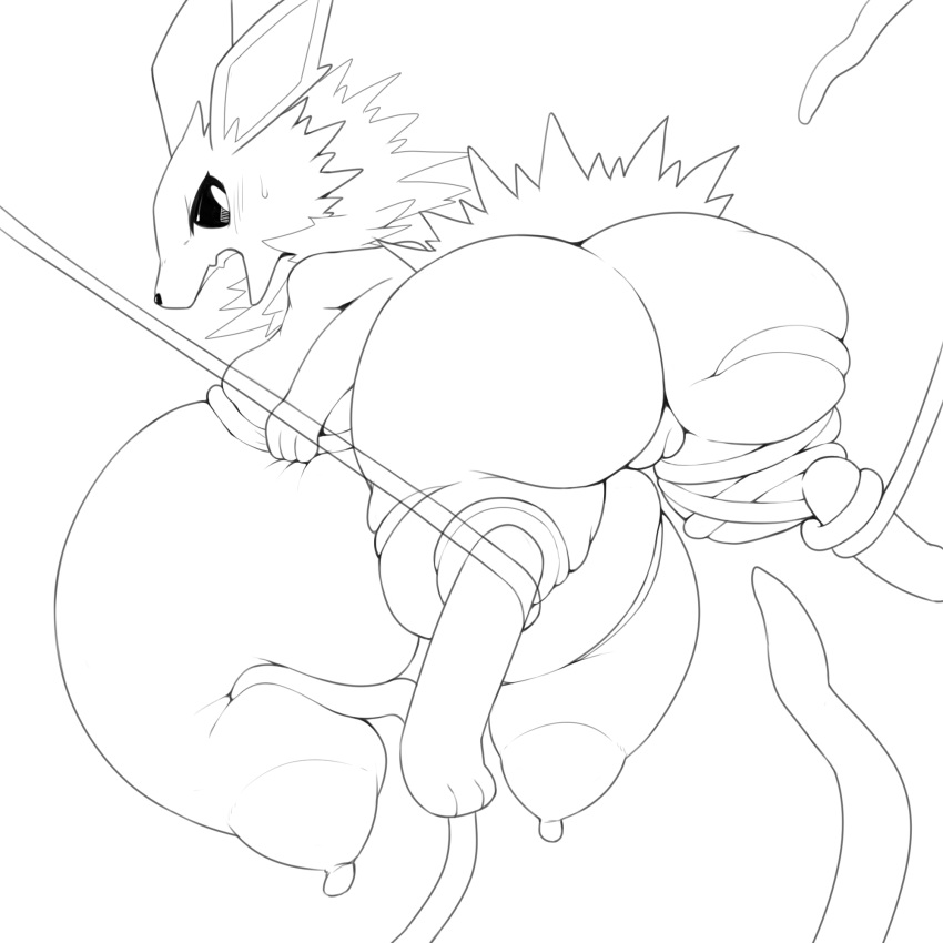 1:1 anthro big_breasts big_butt big_pussy blush bodily_fluids bound bound_by_tentacles breast_squeeze breast_squish breasts butt eeveelution embarrassed female forced genitals hair hanging_breasts hi_res huge_breasts huge_butt huge_thighs hyper hyper_breasts imminent_rape jolteon legs_tied looking_back monochrome nintendo nipples nude obikuragetyan open_mouth pok&eacute;mon pok&eacute;mon_(species) pussy solo spiky_hair squish suspended_in_midair suspended_via_tentacles sweat tentacles thick_thighs video_games
