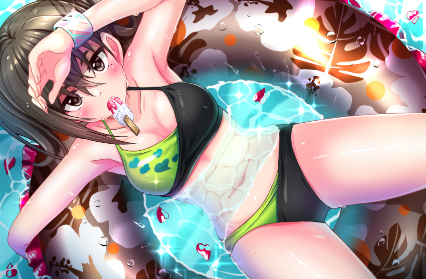 bikini brown_eyes brown_hair food ice_cream idolmaster idolmaster_cinderella_girls natsu navel swim_ring swimsuit tagme_(character) water