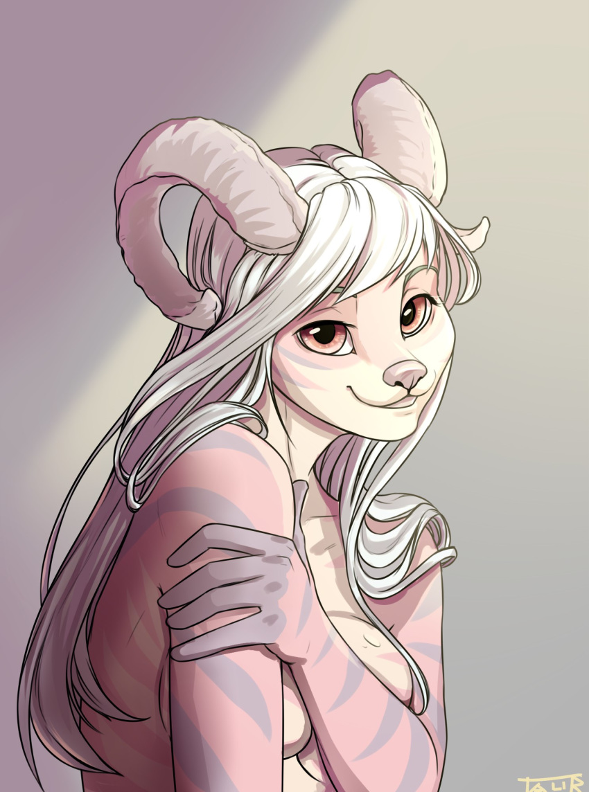 5_fingers anthro breasts digital_media_(artwork) female fingers hair hi_res horn pink_eyes pink_nose smile taurusart white_hair