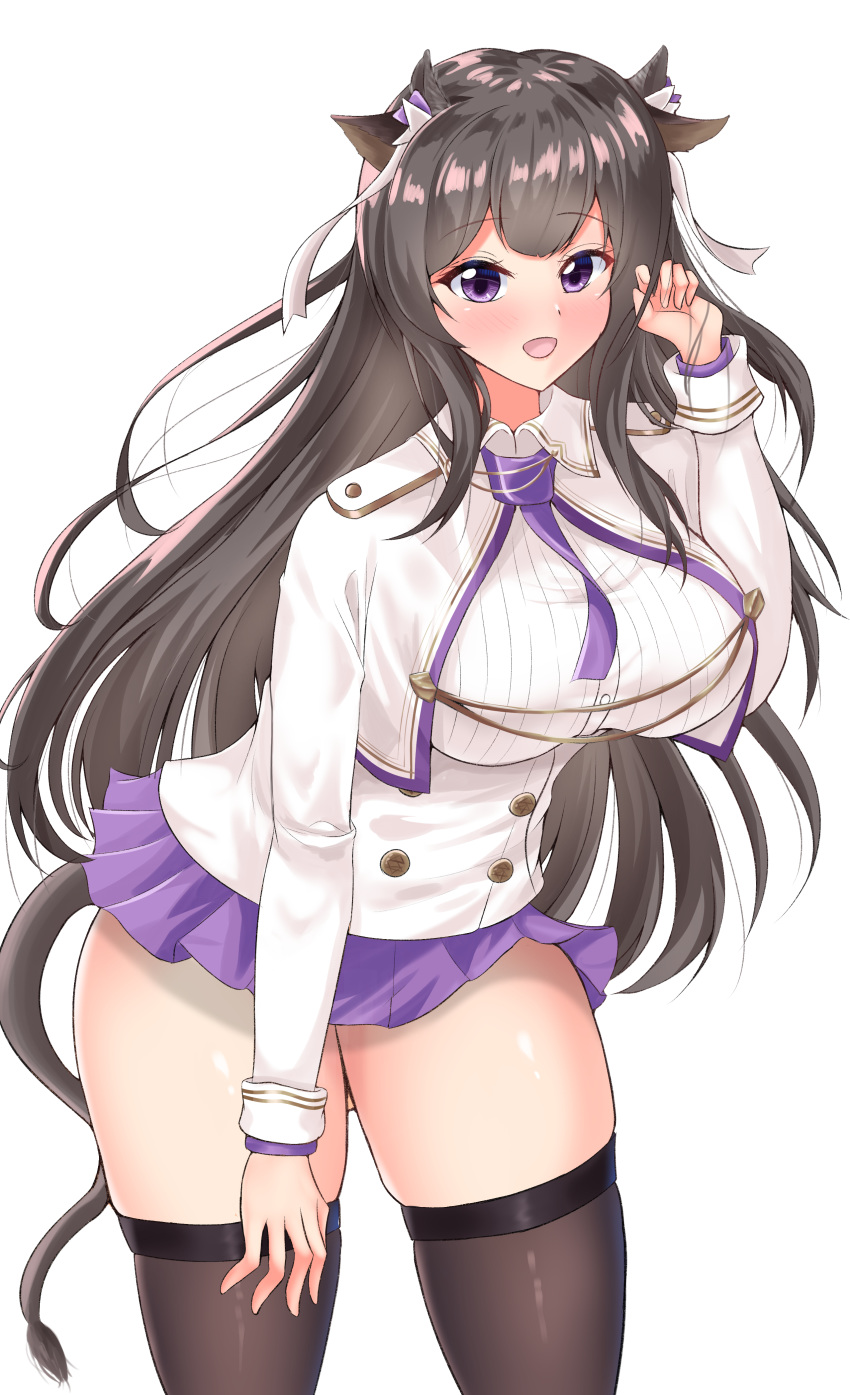 1girl absurdres animal_ears artist_request azur_lane breasts brown_hair brown_legwear cow_ears cow_girl cow_horns cow_tail cropped_jacket highres horns jacket kashino_(azur_lane) large_breasts looking_at_viewer microskirt purple_eyes purple_skirt shirt simple_background skindentation skirt solo tail thighhighs white_background white_jacket white_shirt