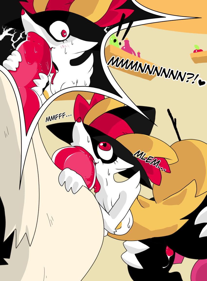 absurd_res anthro braixen breasts clothing comic cunnilingus fellatio female female/female feral fur group hat headgear headwear hi_res licking male male/female nintendo nipples oral oral_penetration penetration penile pok&eacute;mon pok&eacute;mon_(species) ponporio_(artist) red_eyes sex sneasel tongue tongue_out typhlosion vaginal video_games witch_hat yellow_body yellow_fur yellow_nipples