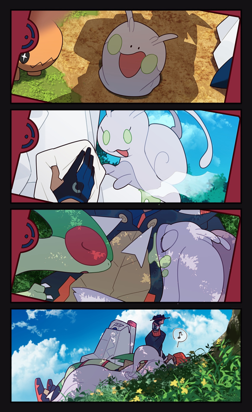 1boy cloud commentary_request day duraludon dynamax_band flygon gen_3_pokemon gen_6_pokemon gen_8_pokemon gloves goodra goomy highres holding lying musical_note on_back outdoors partly_fingerless_gloves pokemon pokemon_(creature) pokemon_(game) pokemon_swsh raihan_(pokemon) shigetake_(buroira) shoes sky sliggoo spoken_musical_note trapinch
