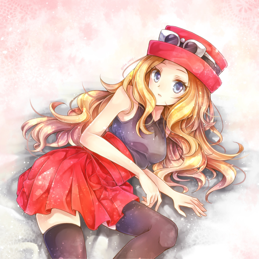 1girl black_legwear blonde_hair blue_eyes breasts collared_shirt eyewear_on_headwear grey_shirt hat high-waist_skirt highres long_hair looking_at_viewer lying medium_breasts miniskirt on_side open_mouth pleated_skirt pokemon pokemon_(game) pokemon_xy red_headwear red_skirt serena_(pokemon) shiny shiny_hair shirt skirt sleeveless sleeveless_shirt solo sunglasses thighhighs very_long_hair white-framed_eyewear wing_collar yomogi_(black-elf) zettai_ryouiki